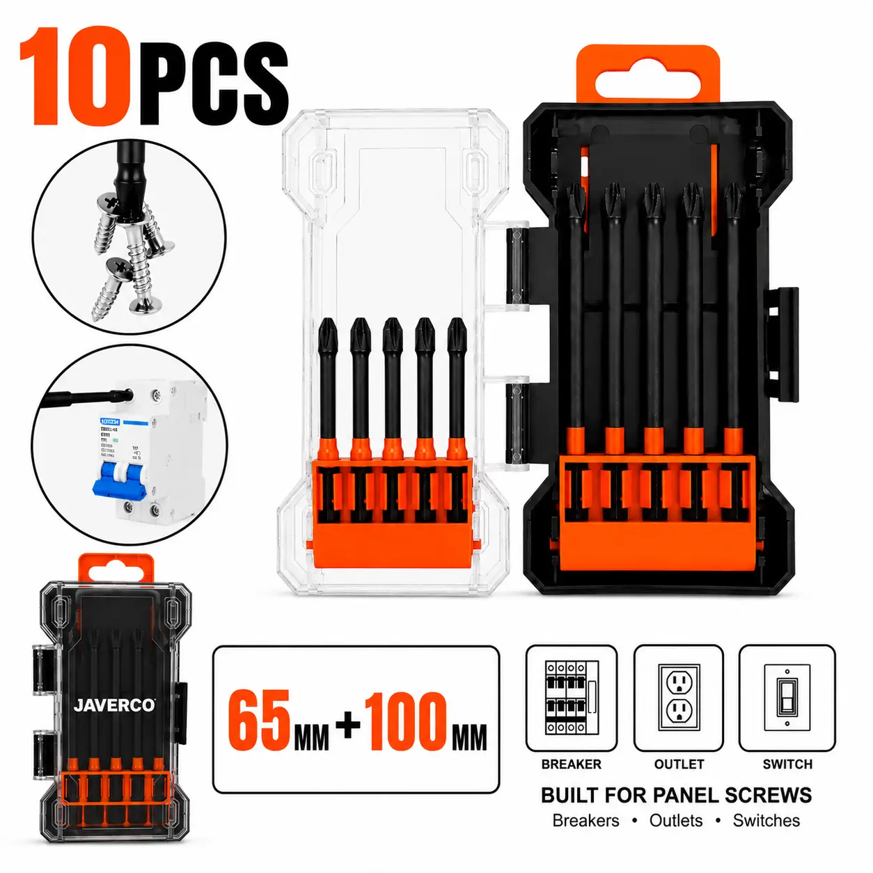 JAVERCO FPH2 Impact Screwdriver Bit Set for Electricians, S2 Steel 65mm & 110mm, 1/4 Inch Hex Shank Magnetic Cross Slot Screw Driver Drill Bits Used on Circuit Breakers,