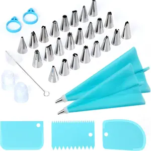34Pcs Piping Bags and Tips Set, Bake Cake Decorating Kit with 24 Stainless Steel Tips, 2 Reusable Silicone Pastry Bags, 3 Icing Smoother, 2 Couplers, 2 Frosting Bags Ties and 1Pipe Brush Kaverme
