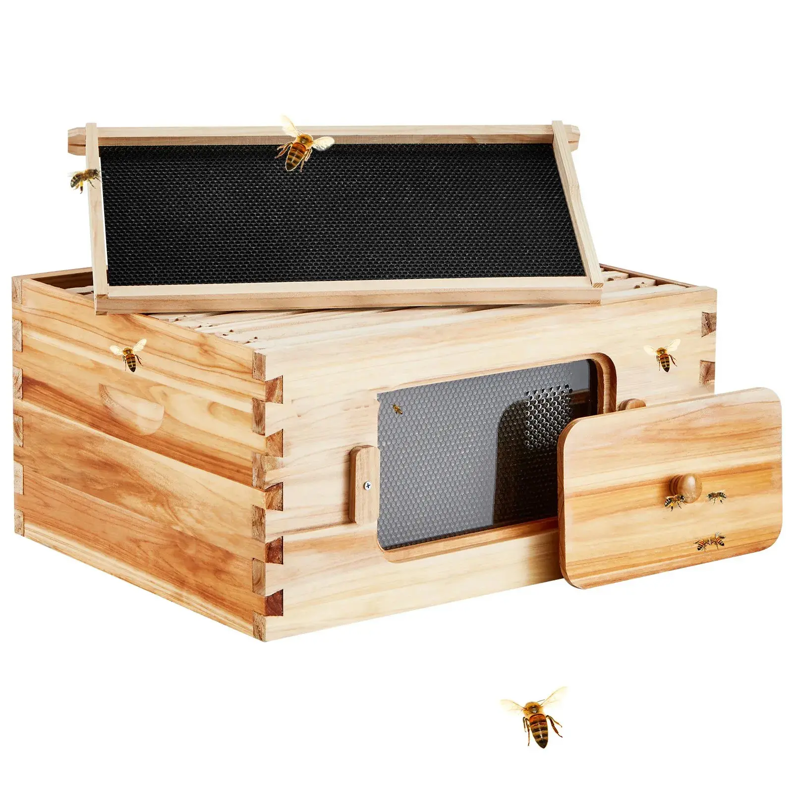 Langstroth Bee Hive Deep Box Starter Kit – 100% Beeswax-Coated Natural Cedar Wood, 10 Frames & Foundations | with Transparent Acrylic Windows for Beginners & Pro Beekeepers
