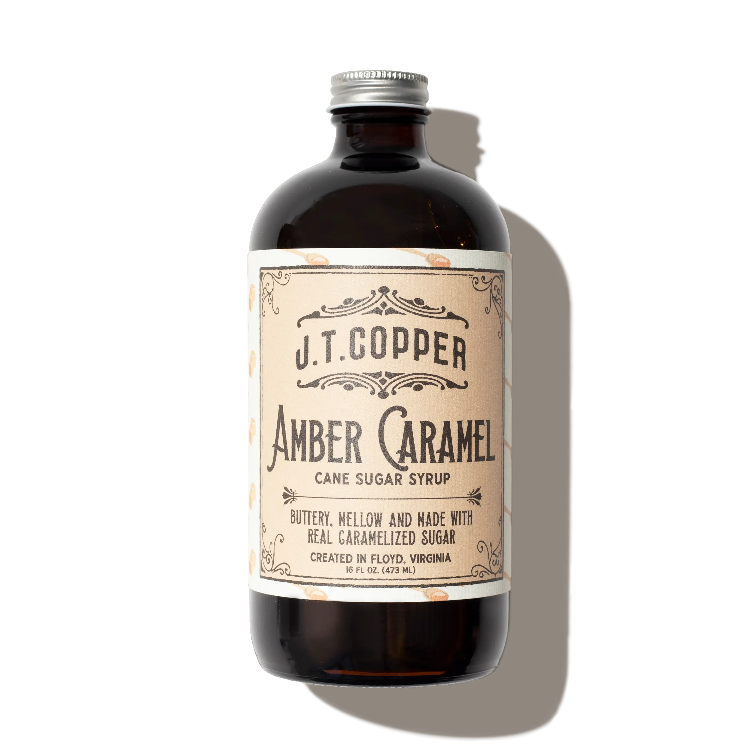 J.T. Copper Amber Caramel Syrup - Buttery Mellow Cane Sugar Syrup with Vanilla & Sea Salt - Vegan Gluten Free - 16 FL OZ