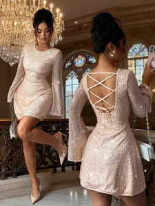 Elegant Peach Color Sequined Dress, Round Neck Strapless Cross-Tie A-Line Skirt, Perfect for Parties, Weddings, Music Festivals