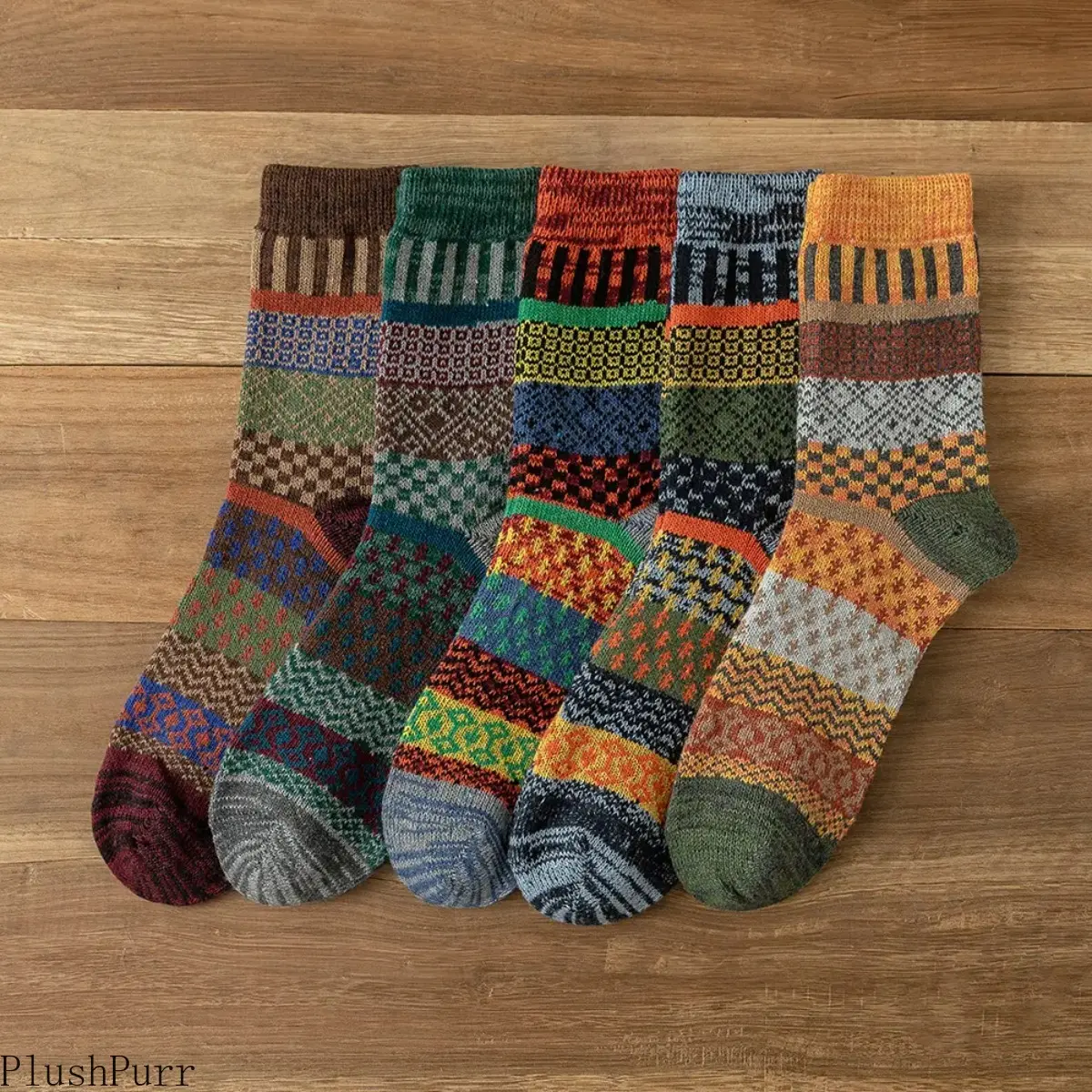 Lady's 5-Pair Nordic Wool Socks, Thick Thermal Mid-Calf Crew Socks for Winter Sports, Cozy Christmas Gift, Five Pairs
