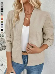 Women's Solid Textured Zip-Up Jacket, Casual Long Sleeve Outerwear for Spring & Fall, Ladies Clothes for Daily Wear, Womenswear