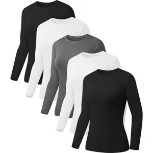 5 Pack Womens Basic Long Sleeve Shirts Crew Neck Slim-Fit Fitted T Shirts Tops Undershirts Underscrub Baselayer