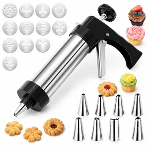 Cookie Press Gun Kit for Baking, Stainless Steel Biscuit Maker with 13 Pattern Discs and 8 Icing Nozzles, Easy Handheld Tool for Cookies, Cupcakes and Pastry Decorating