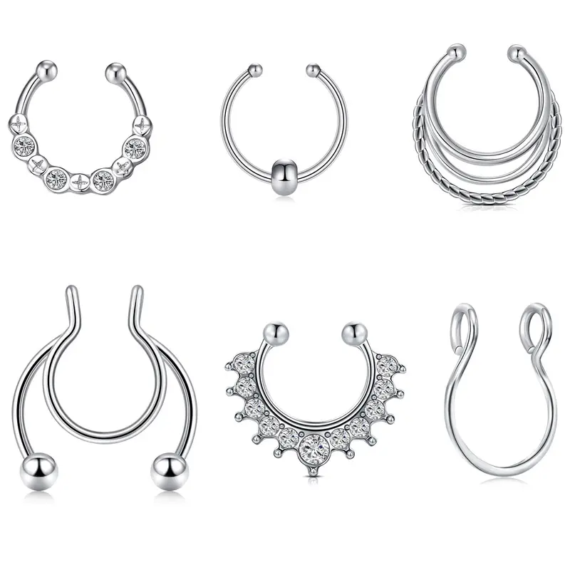 Fake Septum Nose Rings, Hinged Nose Hoops, Punk Style Rhinestone Decor Nose Ring, Nose Piercings, Body Jewelry for Men & Women, Trendy All-match & Exquisite Jewelry for Birthday Gift