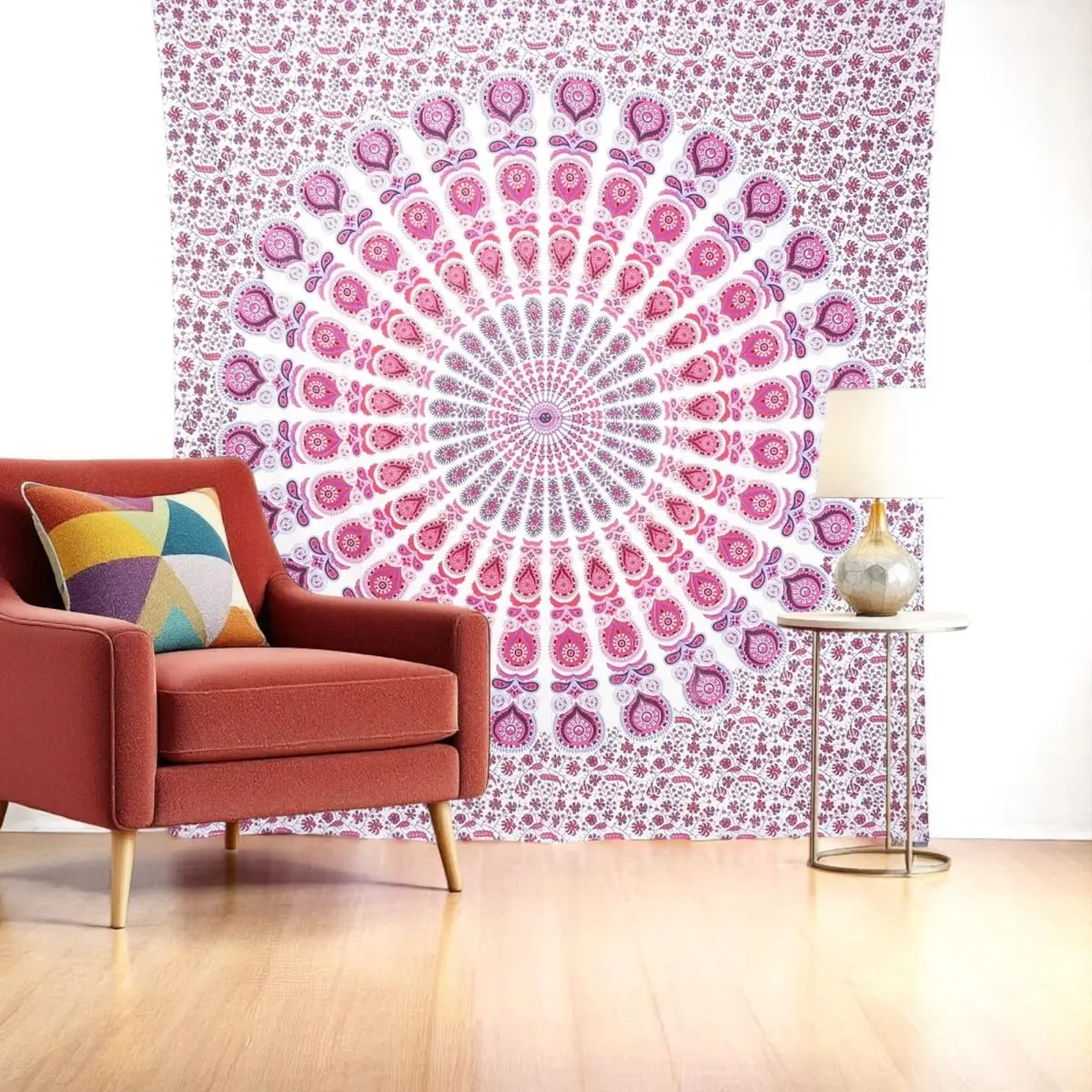 360 Stand Pink, White & Red Mandala Cotton Hanging Tapestry - 92x84 in., Home Decor for Bedroom, Wall & Table, Decoration Items, Artisan Style Tapestries