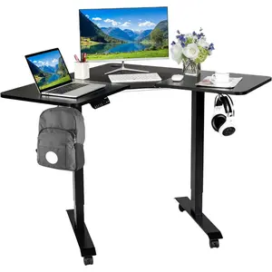 L Shaped Electric Adjustable Desk, L-Shaped Standing Computer Desk w/Splice Tabletop, 2 Hooks & Rolling Casters, Sit-Stand Corner Desk w/ 4 Memory Positions for Home Office (Black)Corner desk electric liftable L-shaped computer desk modern minimalist