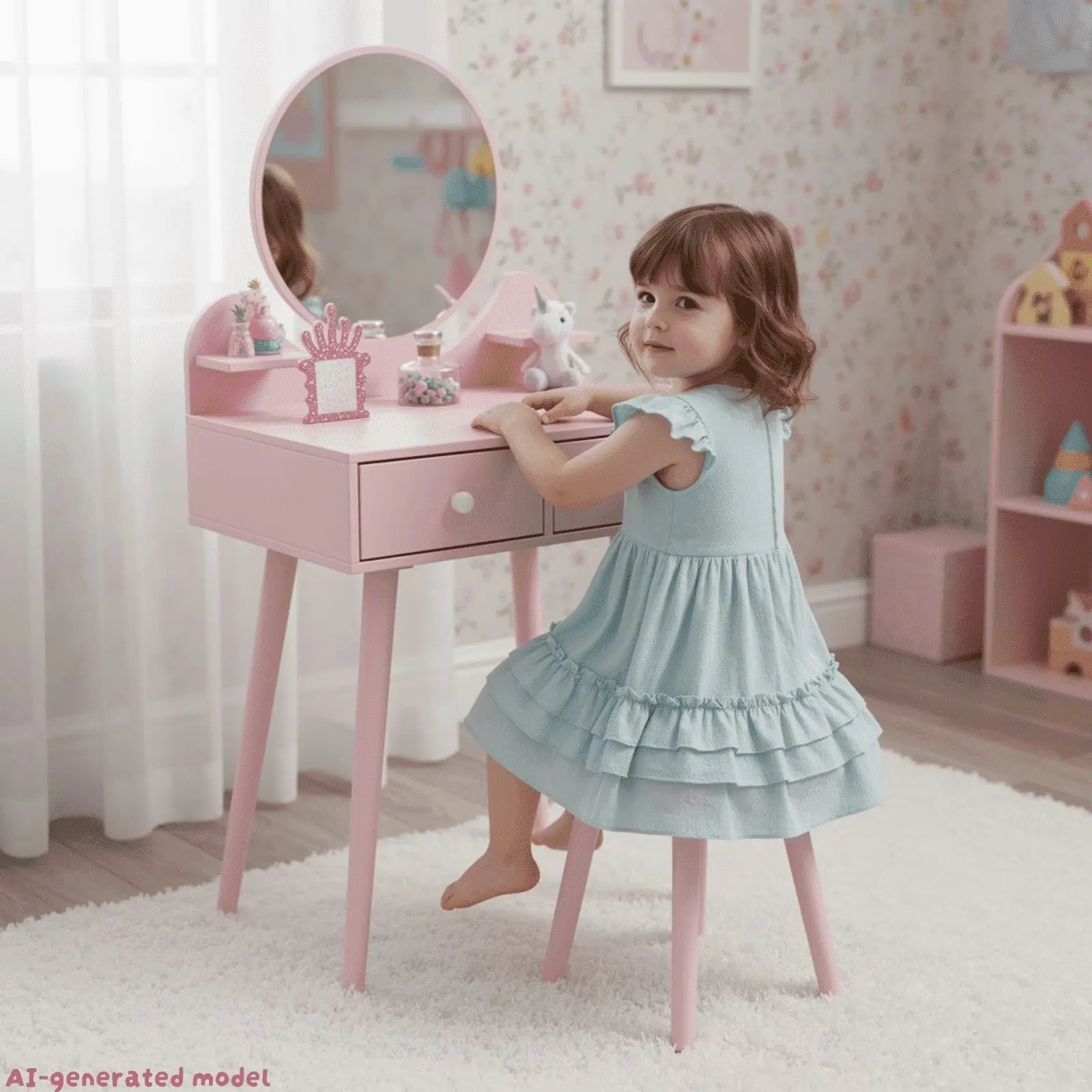 MAMIZO Kids Vanity Table and Chair Set, 2 in 1 Toddler Makeup Dressing Desk with Detachable Large Mirror and Stool, Drawers, Princess Wooden Pretend Play Toys for Little Girls Daughter Gift mesa infantil montessori child multi-activity