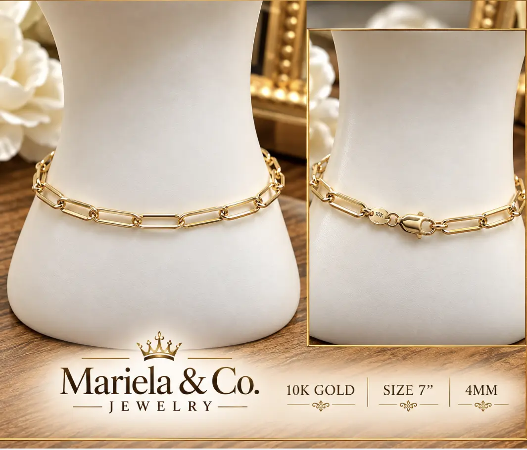 10K Paper Clip Bracelet Size 7" 4mm