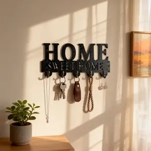 Home Sweet Home Wooden Key Holder Rack, Wall-Mounted Door Hook Organizer, Durable Wooden Design for Keys & Accessories, Easy Install Home Storage Solution, Door Back Wall Garage Key Hook Decoration, Bathroom Storage