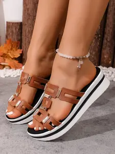 Women's Metal Embellished Platform Slide Sandals, Brown Open Toe Chunky Sole Summer Slides