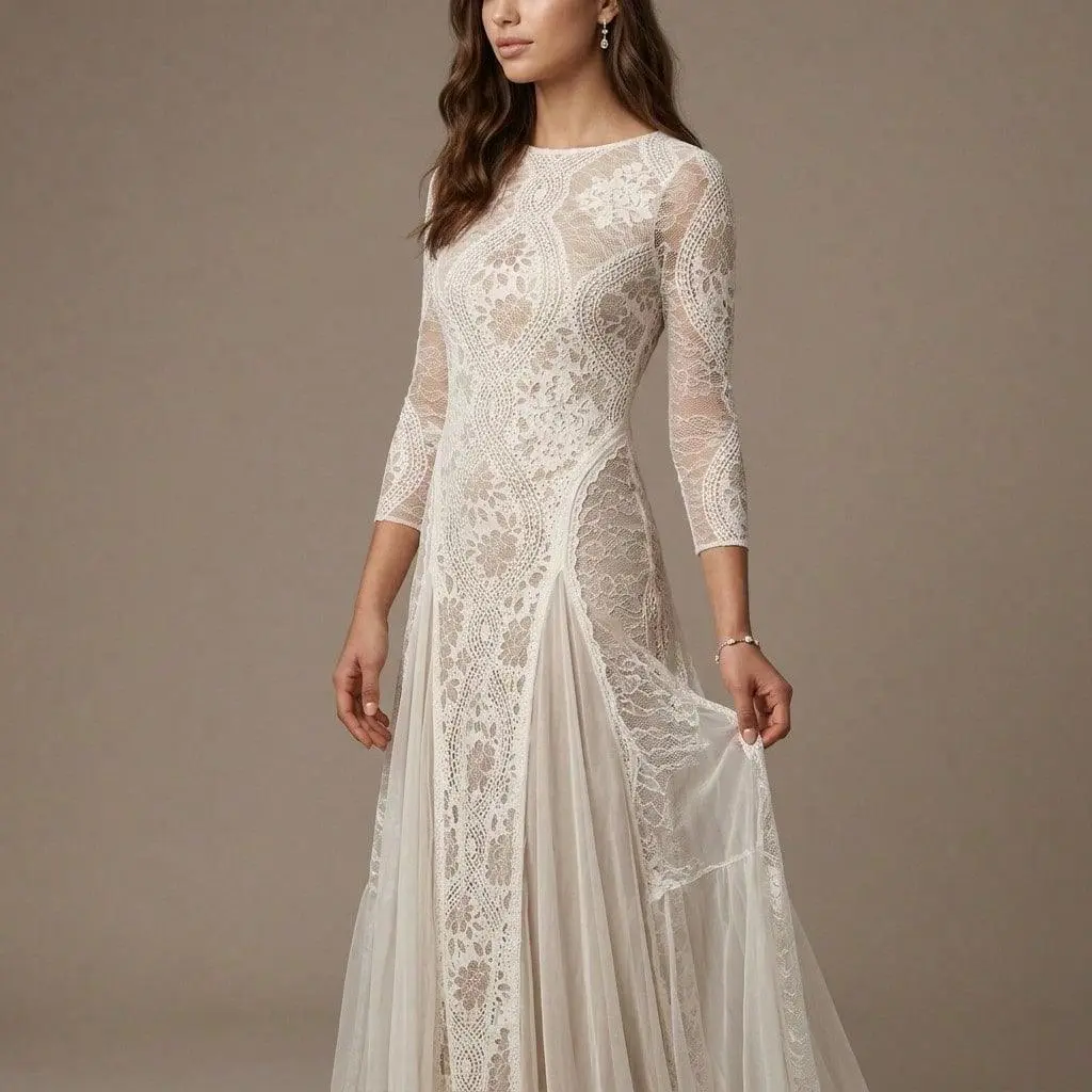 Women's Boho Lace Bridal Long Gown - Crew Neck, 3-Quarter Sleeve, Sheer Floral Lace-Spliced Soft Tulle Flared Wedding Dress Long Sleeve Maxi