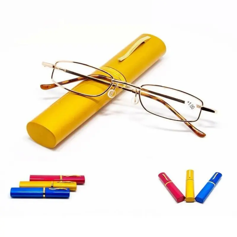 Classic Compact Reading Glasses Readers Travel Slim Design with Case in Yellow Tube & Colorful Cases Included