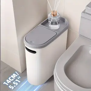 Bathroom Small Trash Can with Lid, 2.1 Gallon Slim Garbage Can Bathroom with Press Top Lid, White Rectangular Trash Bin Waste Basket for Toilet, Bedroom, Laundry, And Home Office accessories