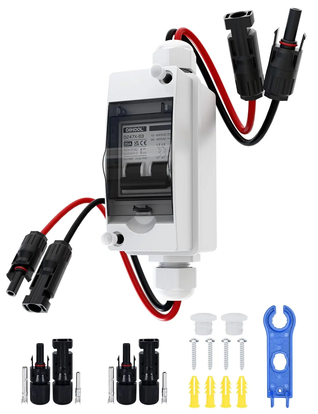 DC Circuit Breaker, Non Polarized, 20 Amp, 2 Pole, 12V 400V, AC DC Disconnect Switch Box Outdoor, Battery Cutoff Isolator, PV Array MCB