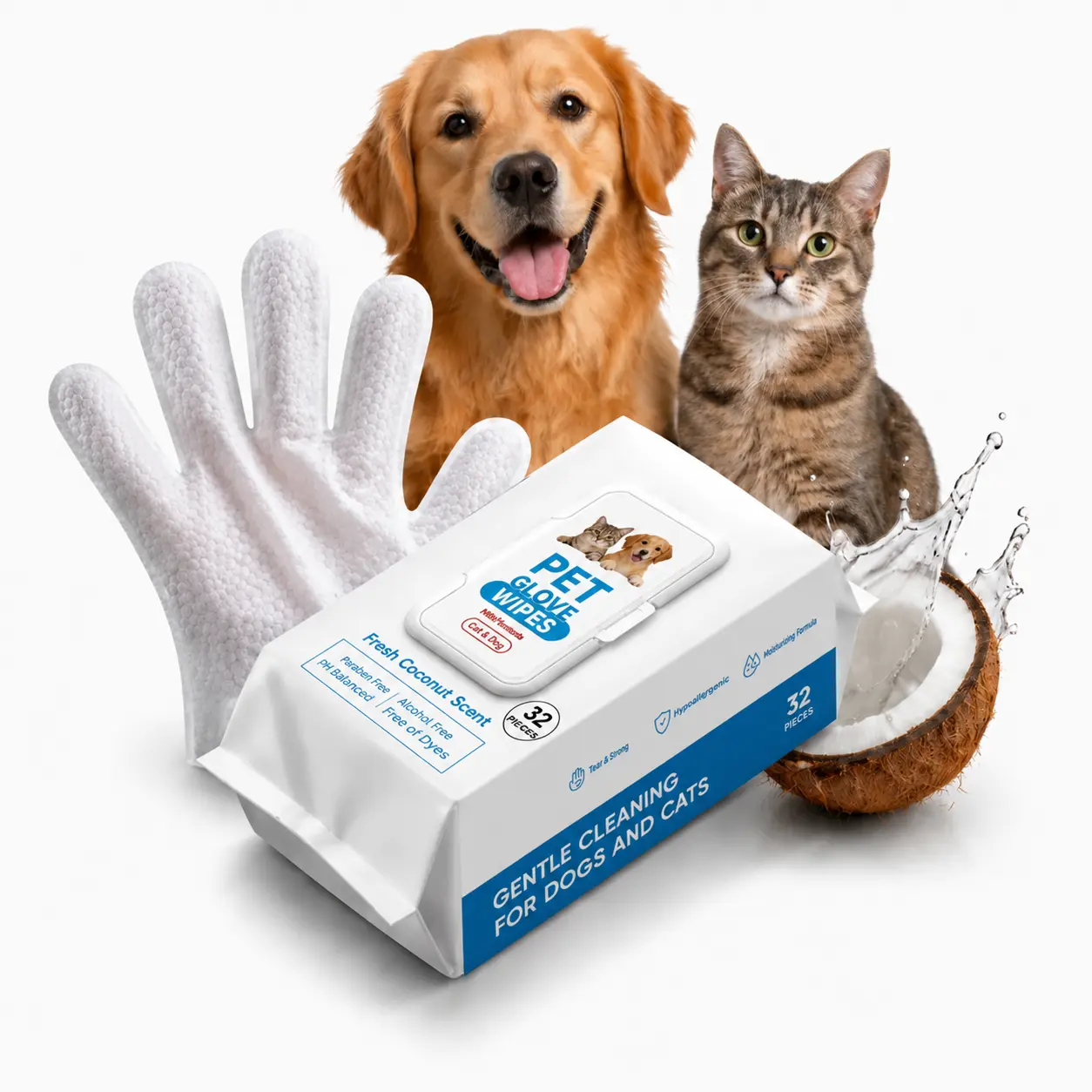 32-Pcs Pet Grooming Wipes, Coconut Scent Disposable Glove Wipes for Dogs & Cats, Hypoallergenic No-Rinse Dry Cleaning Grooming Products, Fur Nourishing, Hair Removal, Skin Care, Daily & Travel Use