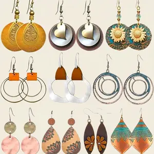 Colorful 10 Pairs Women's Bohemian Distressed Dangle Earrings Set Retro Geometric Design with Round Flower Hollow Water Drop Leather Wood Sunflower Teardrop Styles Vintage Stylish Jewelry Perfect Christmas Gift for Daily Outfits