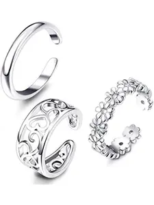 3 Pcs Shapable Silvery Open Cuff Ring Set for Women Men Standard Copper Fashion Casual Styles Brushed Simple Loop Hollow Twisted Herb Motif Graceful Floral Profile Soft Elastic Split Band Design Matches All Finger Dimensions for Combined Stack Wearing