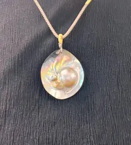 MB001-Lunar Mabé | Iridescent Mabe Pearl Pendant Necklace — Adjustable Cord, Sculptural Glow, Gift‑Ready.mabe pearl necklace, iridescent pearl pendant, dome pearl, adjustable cord necklace, statement pearl jewelry, minimal luxe, unisex necklace