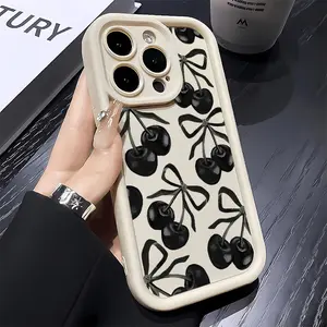 Black Cherry Pattern TPU mobile phone case Suitable for iPhone 16ProMax 15 14 13 12 11 Plus cases camera full protector fashion high quality design fingerprint resistant gift anti drop durable