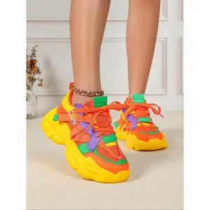 Fashionable Colorblock Lace Up Platform Sneakers, Sporty Running Fashion, Casual Comfortable Breathable Sports Running Shoes, Female All-match Round Toe Chunky Sneakers for Daily Wear