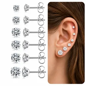 6 Pairs CZ Stud Earrings Set for Multiple Piercings, 3mm-8mm Hypoallergenic Sparkly Ear Stack, Clean Girl Jewelry, Everyday Diamond Look, Minimalist Daily Wear Gift for Women Men, Summer Outfit Must-Have