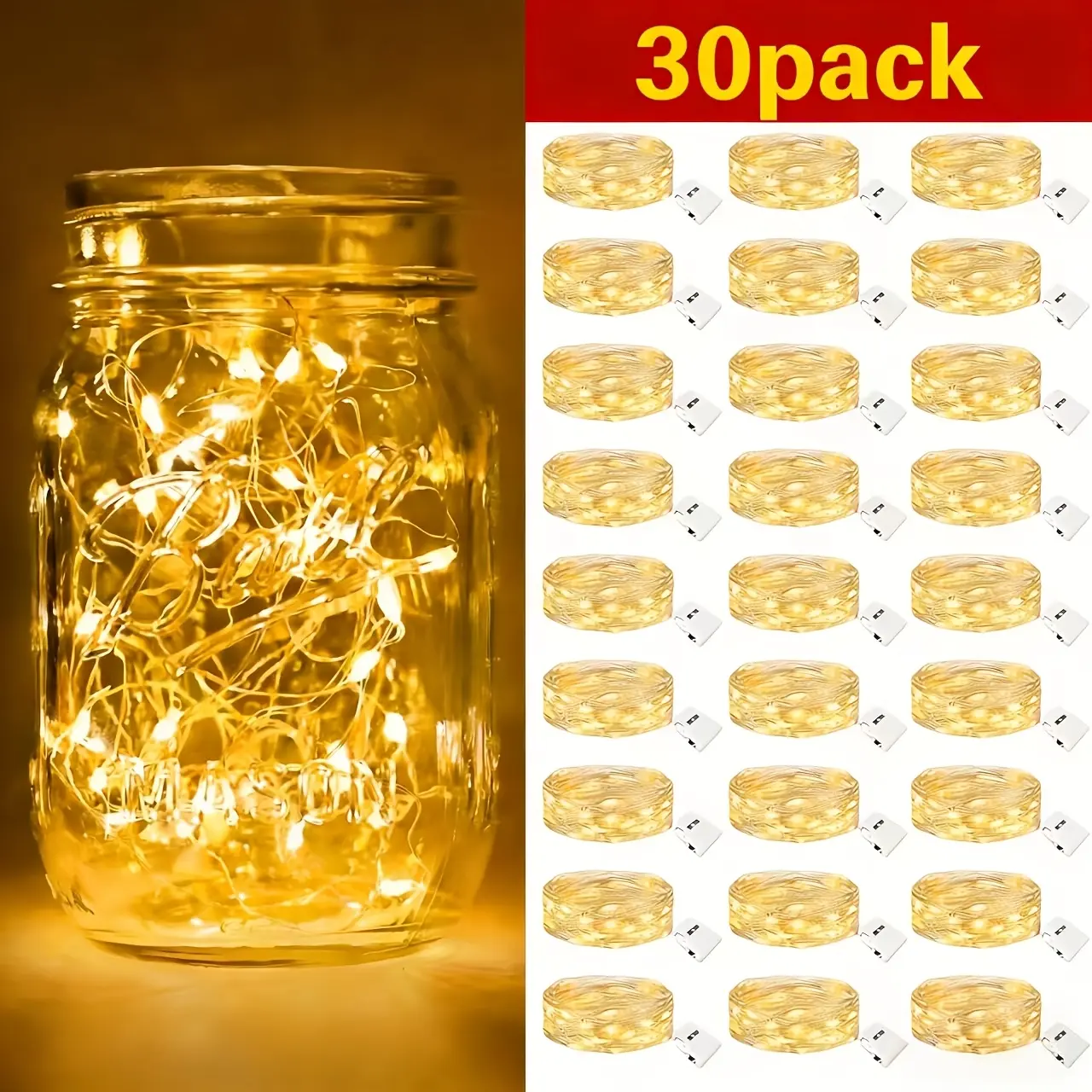 LEDOOR Fairy Lights 30-Pack LED String 6.6ft Copper Wire 3 Modes Ramadan Decor Mason Jar Wedding Valentine's Party Holiday Display Non-Rechargeable Button Battery Powered(IP44)