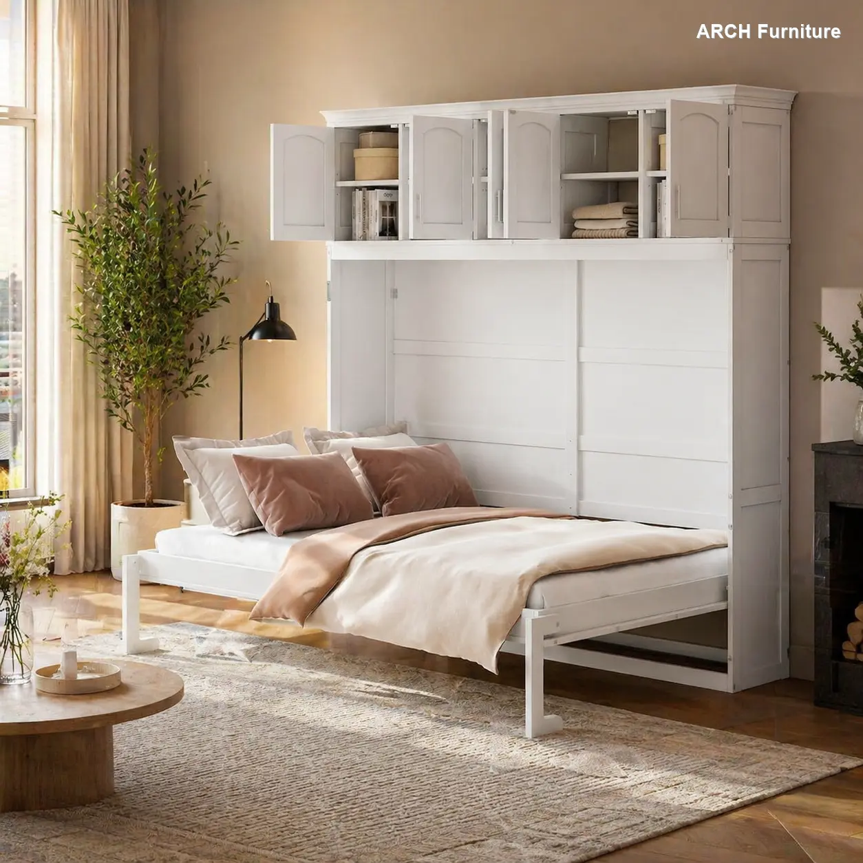 White Fold-Away Queen Size Murphy Wall Bed with Top Cabinets, Space-Saving Furniture for Bedroom, Indoor Apartment Bedroom Furniture Set (Old SKU: LP006665AAK)