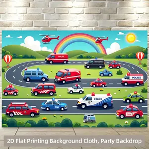 1pc 2D Flat Printing Backdrop Banner - Emergency Vehicles Design with Police Cars, Ambulance, Fire Trucks & Helicopter - Vibrant Polyester Fabric Wall Hanging for Party Decor, Living Room, Bedroom, Office - No Electricity Needed, Fire Truck Room Decor,