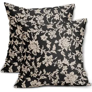 Black Floral Pillow  Set of 2 Brown Cream Vintage Flower Block Print Pattern Decorative Throw Pillowcases Outdoor Rustic Farmhouse Square Cushion Cases Decor for Home Couch Sofa Bed Cushion Cover