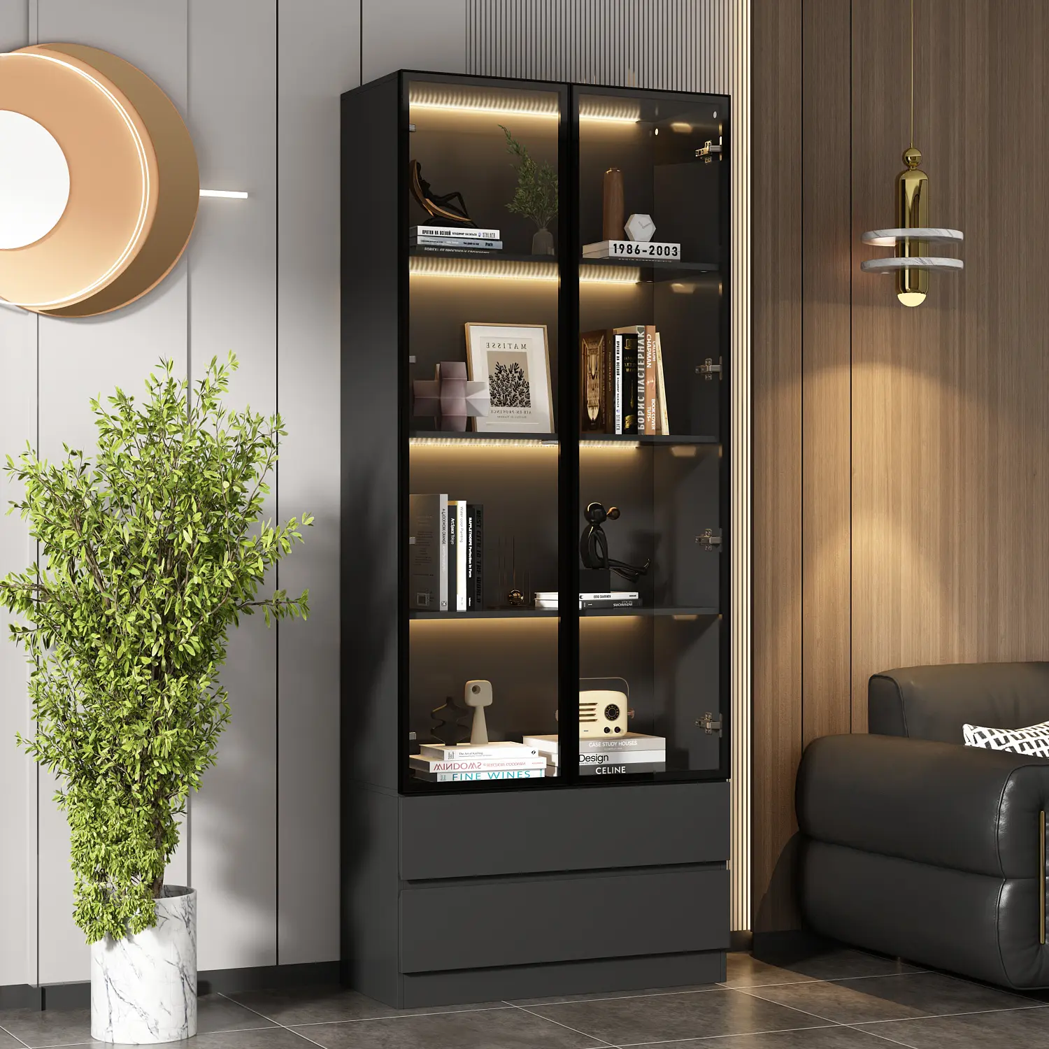 FUFU&GAGA Extra Tall Modern Book Shelf - Contemporary Glass Display Shelf with 2 Drawers & LED Lights, Home Office, Laundry Room, Workshop Furniture Storage Organizer, Book Storage Organizer