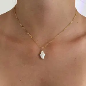 Gaia Pearl Cross Necklace Authentic Freshwater Pearl Wire-Wrapped 14k Gold Filled Chain Handmade in Hawaii
