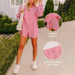 Fisoew Womens Gauze Shirt & Shorts Set 2-in-1 Button Connected Oversized Long Sleeve Button-Down Top with Attachable Safety Shorts Casual Beach Cover Up Outfit #SummerVibes