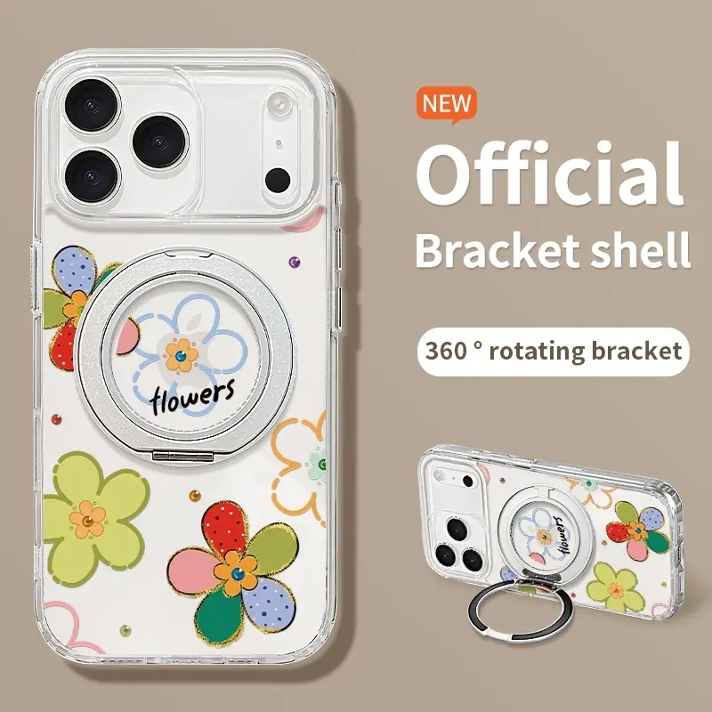 Painted Line Flowers Cellphone Protector Case for iPhone 13/14/15/16/17 Pro Max,17 Air - 360° Spin-to-Angle Kickstand, High-Clear Transparent Casing, Full-Body Shockproof Protection, Mobile Phone Accessories