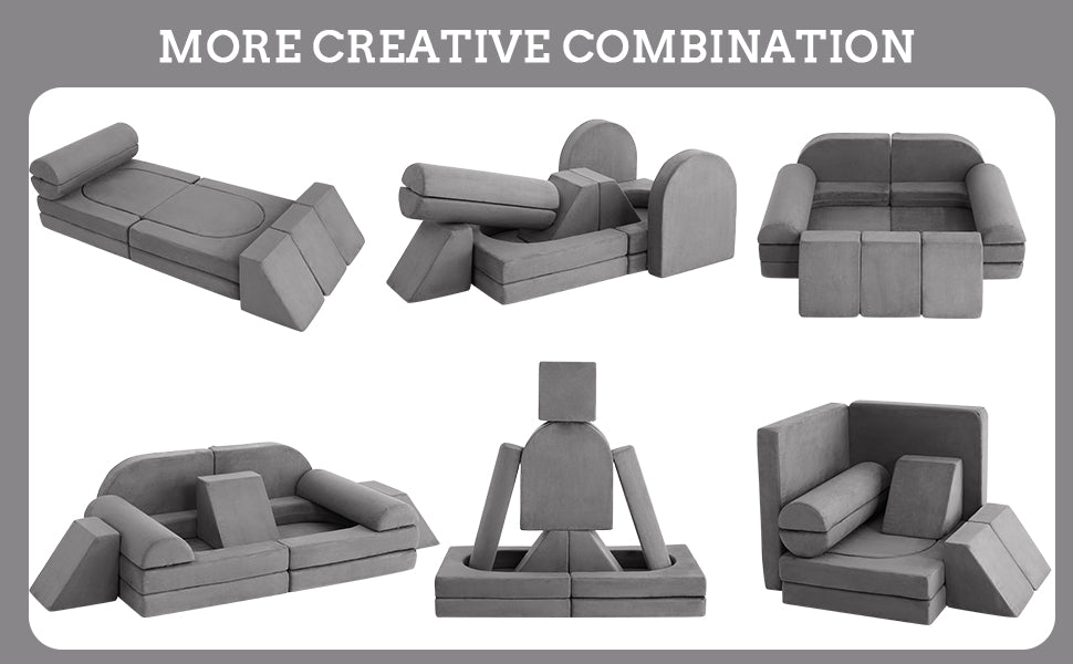 【GARVEE】10PCS Modular Play Couch Set in Dark Grey - Convertible Foam Modular Couch for Creative Play and Comfortable Seating in Playrooms