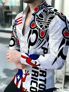 Men's Breathable Lapel Long-Sleeve Puerto Rico Flag Tribal Graphic Print Cardigan