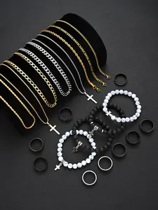 Men's Stainless Steel Jewelry Set, Geometric Cross Necklace & Bracelet, Casual Daily Wear, Perfect Gift for Birthdays