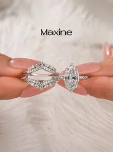 Maxine Vintage Insert 2PC Wedding Ring Set,Jacket Matching Band+2.5ct Marquise Cut Engagement Ring,Travel-Firendly Fashion Jewelry for Daily Wear