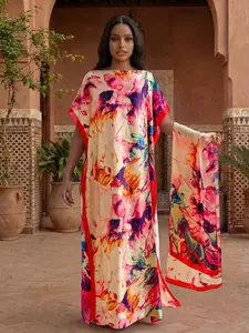 Women's Plant Floral Print Elegant Slim Fit Long Dress Robe Shawl + Scarf Set, Matching, Beach Sun Protection Silk Scarf, All Seasons Fashion