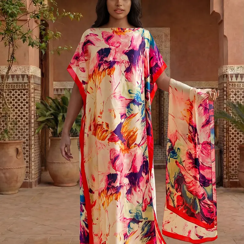 Elegant Plant Print Shawl Set, Long Dress & Wrap, Sun Protection Scarf, Women's Beachwear, Boho Outfits, All Seasons, Unlined, 2-Piece Set
