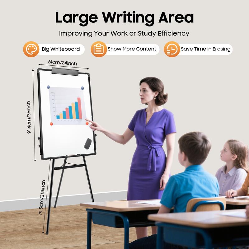 CNCEST Tripod Whiteboard Easel Adjustable Height 38-62" Magnetic Surface Dry Erase Board with 6 Magnets & Pen Tray for Classroom/Office
