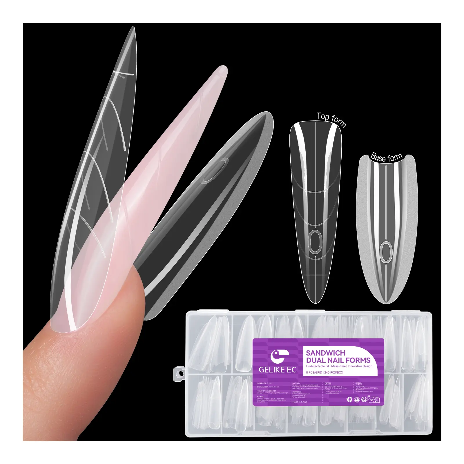 Gelike Ec Sandwich Nail Extensions Dual Formsl for Beginner 0 Failure Top & Bottom Innovative Double Layer Tech 240pcs DIY Art Manicure Set
