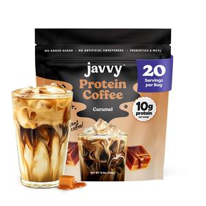 Javvy Caramel Protein Iced Coffee - Premium Whey Protein & Instant Iced Coffees - 100% Natural Cold Brew - Zero Artificial Flavors & Sweeteners, 80 mg Caffeine Per Serving, No Added Sugar, 20 Servings