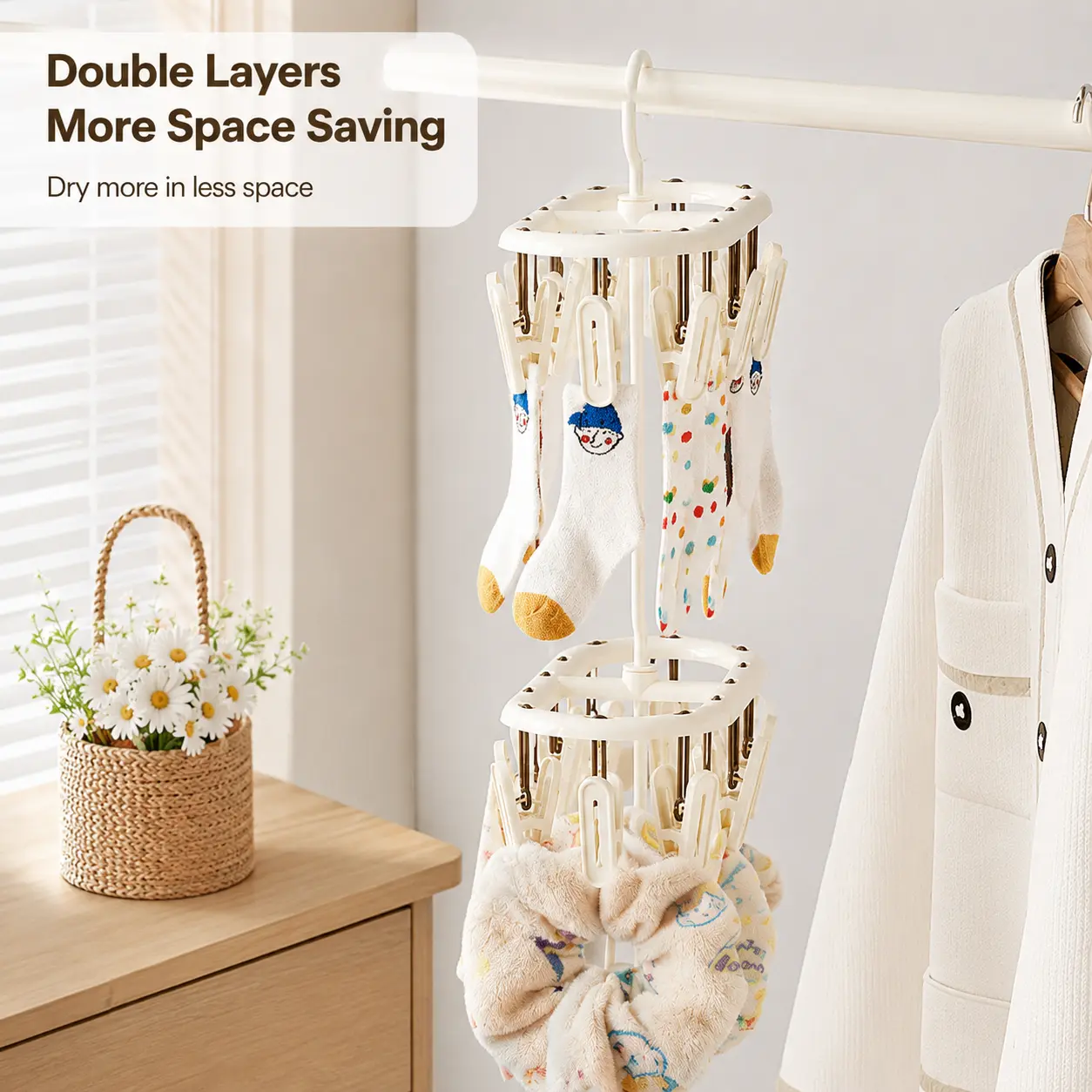 1 Count Multi-clip Clothes Drying Hanger, 360 Degree Rotatable Hook Stackable Design, for Household Small Garment and Sock Drying Storage
