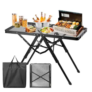 Camping Grill Table, Aluminum Folding Picnic Table with 3 Level Height and Mesh Desktop, 3x2FT Portable Outdoor Table for Camping, Picnic, Beach and BBQ (Black)
