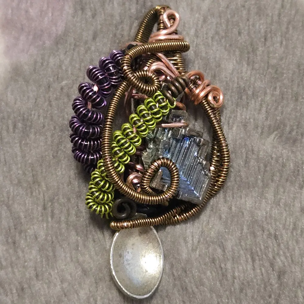 Handmade Wire Wrapped Bismuth Crystal Spoon Pendant