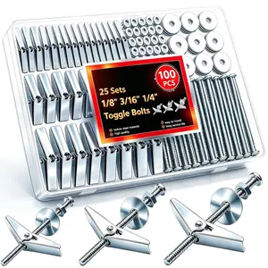 100 count Toggle  Heavy Duty Drywall Anchors and Screws Kit, 3 Sizes 1/8" 3/16" 1/4" Hollow Wall Anchors, Toggle  and Wing Nut Kit with Nuts Washers (25Sets)