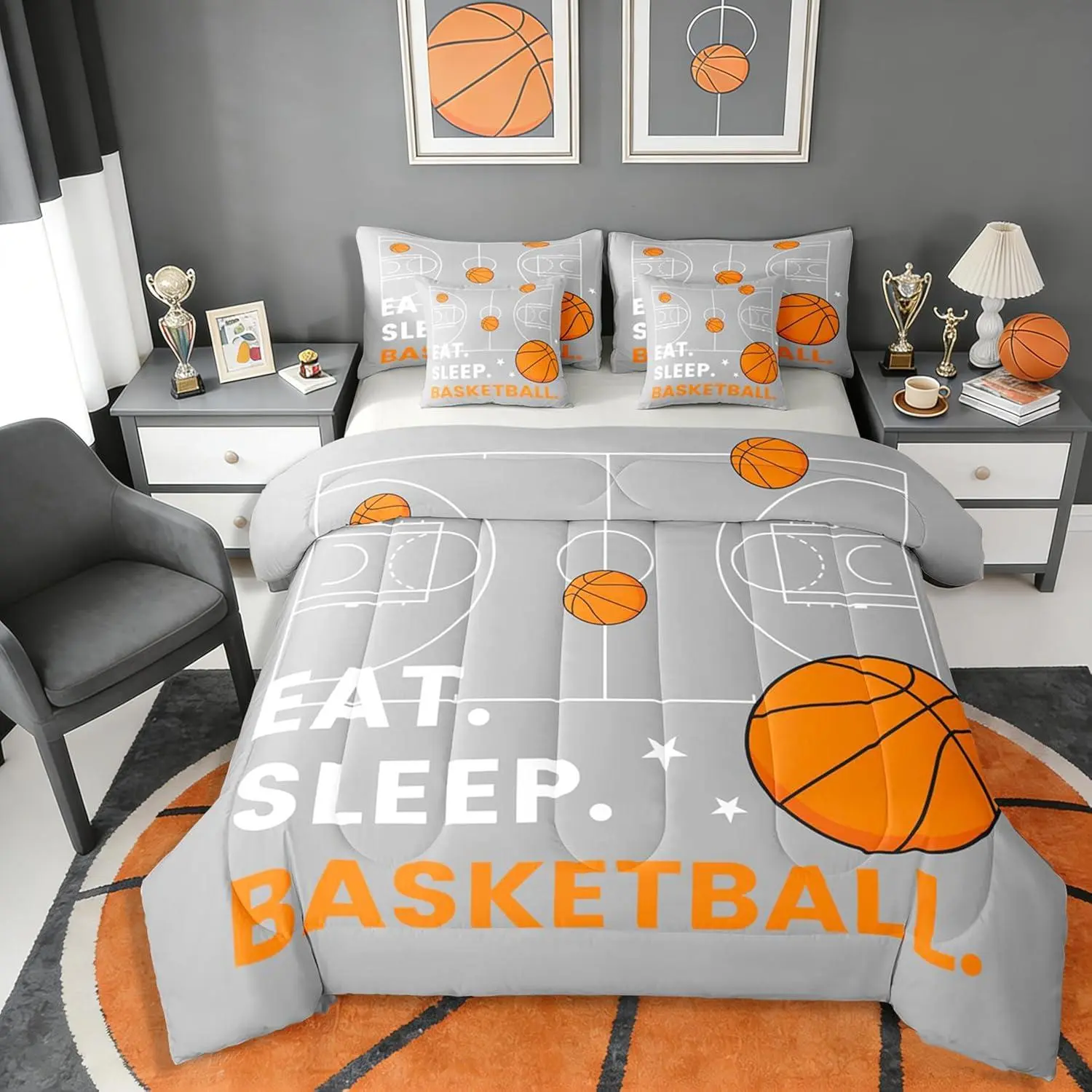 Grey Basketball Bed in A Bag 7 Pcs Gaming Sports Comforter Set for Kids Boys Girls Basketball Court Printed Bedding Set,3D Basketball Sports Games Sheet Set with Comforter