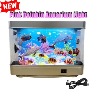 LED Dynamic Artificial Fish Tank Light, Pink Dolphin Turtle Aquarium Sensory Lamp, with Wall Shelf Display, Ocean Scene Decor Lamp for Bedroom, Living Room, Office, Aquarium Decor, Office Relax, Oceanthemed Lighting, USB Switch Control Lighting